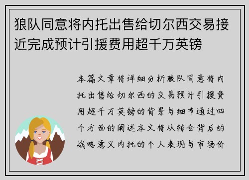 狼队同意将内托出售给切尔西交易接近完成预计引援费用超千万英镑